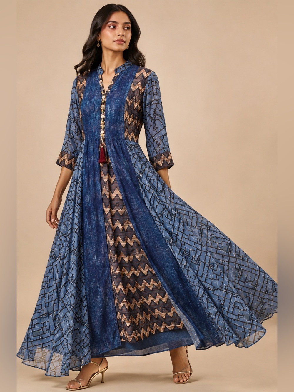 Anora XL Blue Maxi Dress Geometric Print Tassel Embellished Flowy Duster Dress
